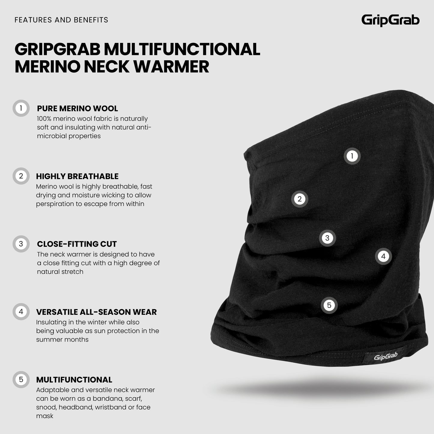 GripGrab Multifunctional Merino Neck Warmer - musta kauluri