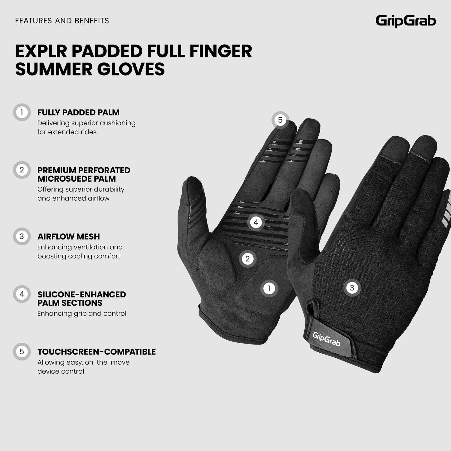 GripGrab EXPLR Padded Full Finger Summer Gloves - kesähanskat