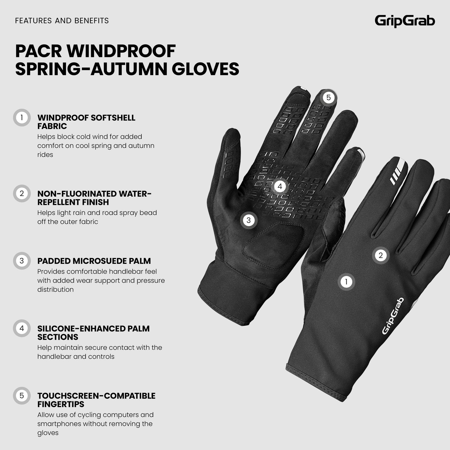 GripGrab PACR Windproof Spring-Autumn Gloves - mustat kolean kelin hanskat
